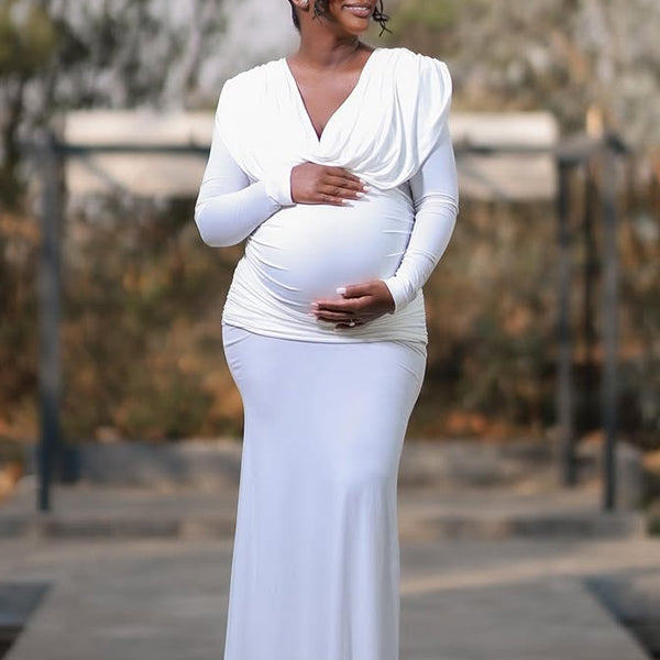 Momnfancy White Ruched Backless Cowl V-Neck Long Sleeve Bodycon Evening Gowns Baby Shower Maternity Maxi Dress