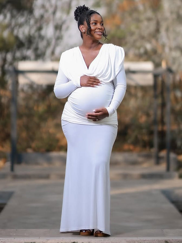 Momnfancy White Ruched Backless Cowl V-Neck Long Sleeve Bodycon Evening Gowns Baby Shower Maternity Maxi Dress