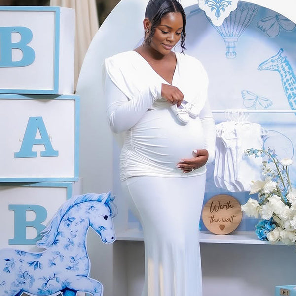 Momnfancy White Ruched Backless Cowl V-Neck Long Sleeve Bodycon Evening Gowns Baby Shower Maternity Maxi Dress