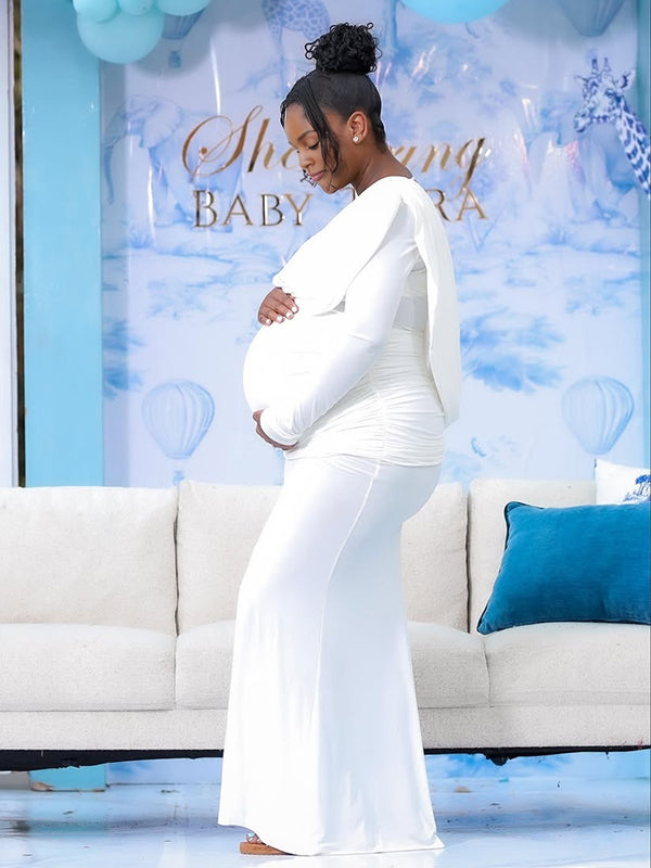 Momnfancy White Ruched Backless Cowl V-Neck Long Sleeve Bodycon Evening Gowns Baby Shower Maternity Maxi Dress