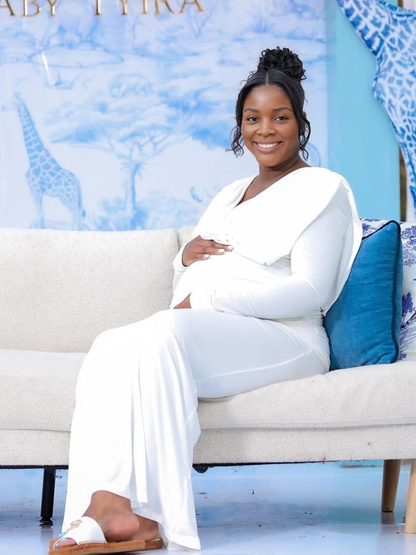 Momnfancy White Ruched Backless Cowl V-Neck Long Sleeve Bodycon Evening Gowns Baby Shower Maternity Maxi Dress