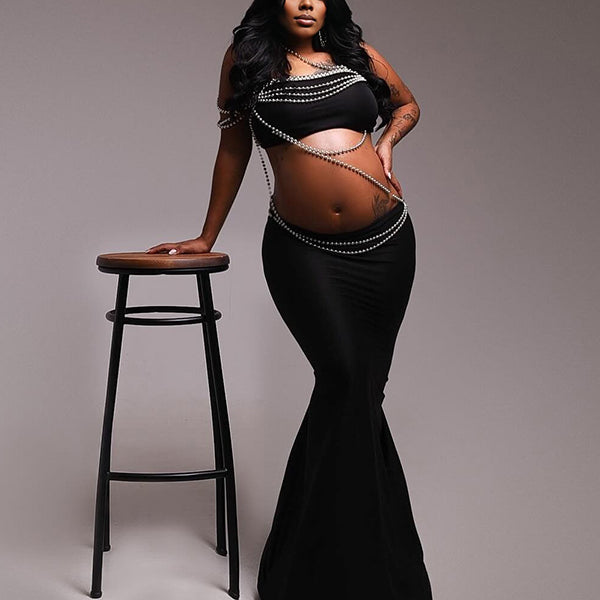 Momnfancy Diamond One Shoulder Crop 2-in-1 Mermaid Backless Bodycon Evening Gowns Plus Size Photoshoot Maternity Maxi Dress