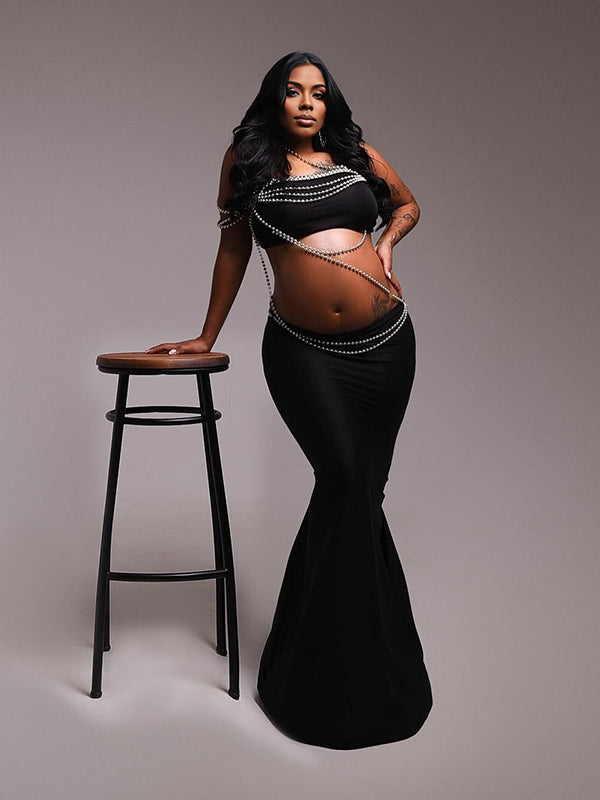 Momnfancy Diamond One Shoulder Crop 2-in-1 Mermaid Backless Bodycon Evening Gowns Plus Size Photoshoot Maternity Maxi Dress