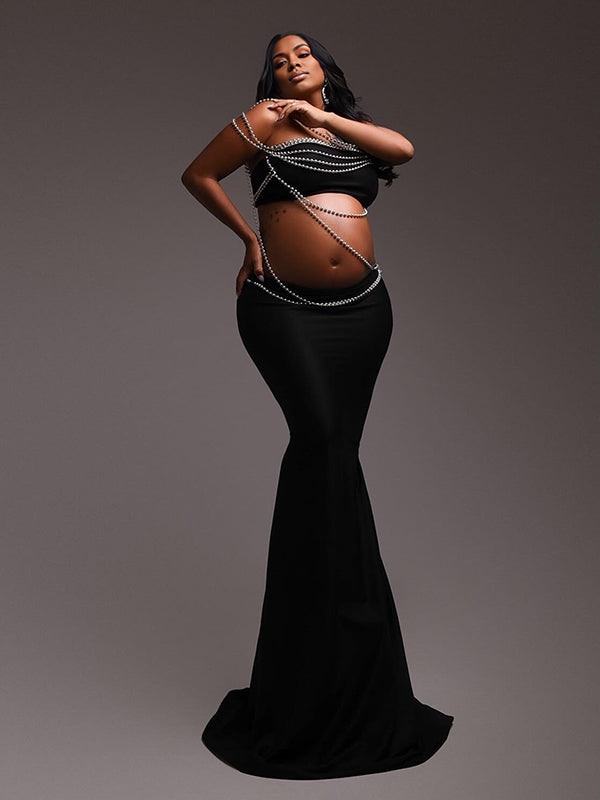 Momnfancy Diamond One Shoulder Crop 2-in-1 Mermaid Backless Bodycon Evening Gowns Plus Size Photoshoot Maternity Maxi Dress