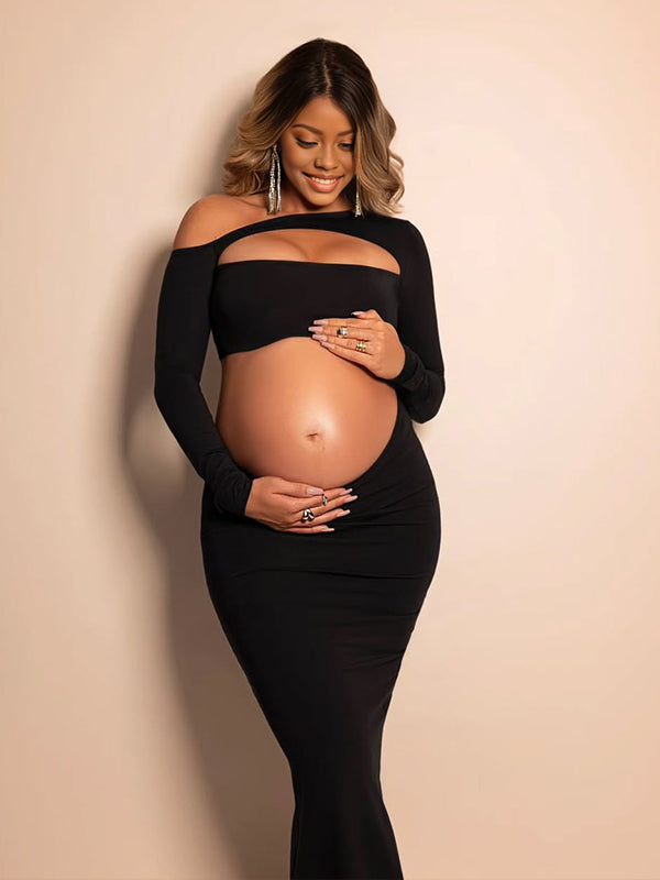 Momnfancy Black One Shoulder Cut Out Crop Bodycon Long Sleeve Evening Gowns Photoshoot Maternity Maxi Dress