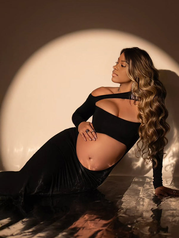 Momnfancy Black One Shoulder Cut Out Crop Bodycon Long Sleeve Evening Gowns Photoshoot Maternity Maxi Dress