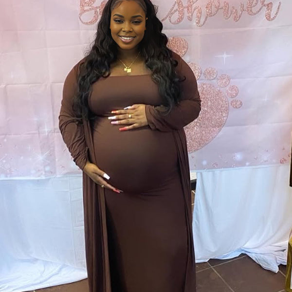 Momnfancy Coffee Bandeau Cardigan 2-in-1 Bodycon Plus Size Baby Shower Maternity Maxi Dress