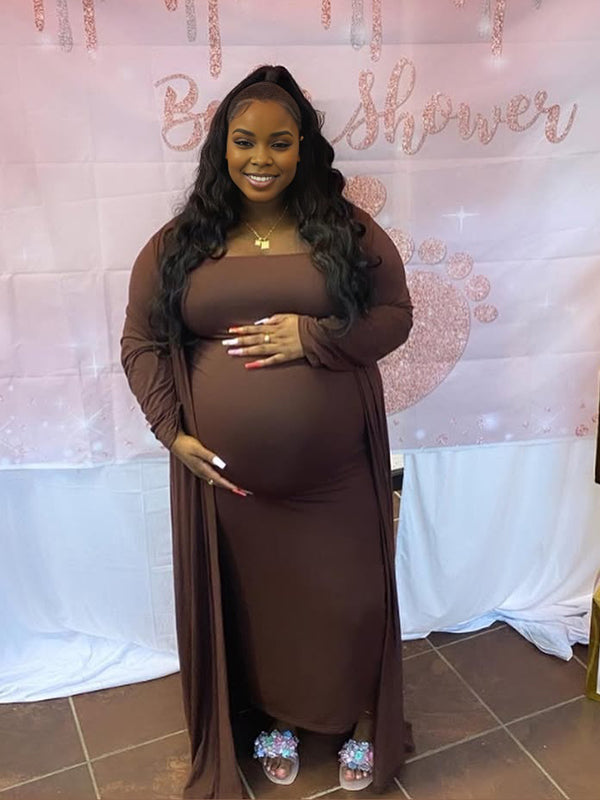 Momnfancy Coffee Bandeau Cardigan 2-in-1 Bodycon Plus Size Baby Shower Maternity Maxi Dress