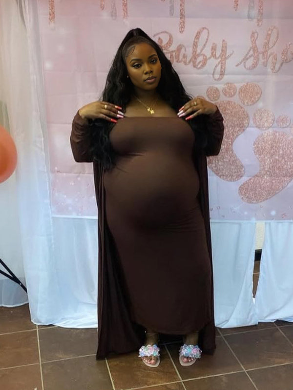 Momnfancy Coffee Bandeau Cardigan 2-in-1 Bodycon Plus Size Baby Shower Maternity Maxi Dress