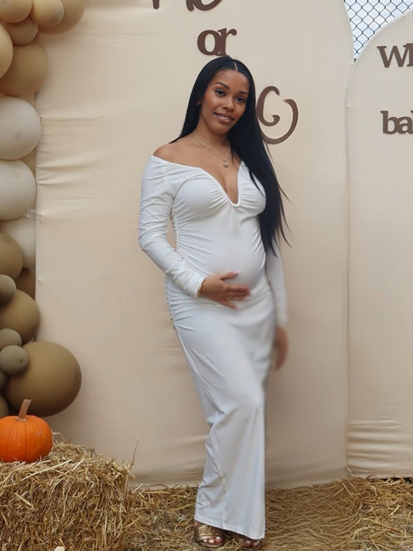 Momnfancy Plunging Neckline Ruched Boat Neck Bodycon Baby Shower Casual Maternity Maxi Dress