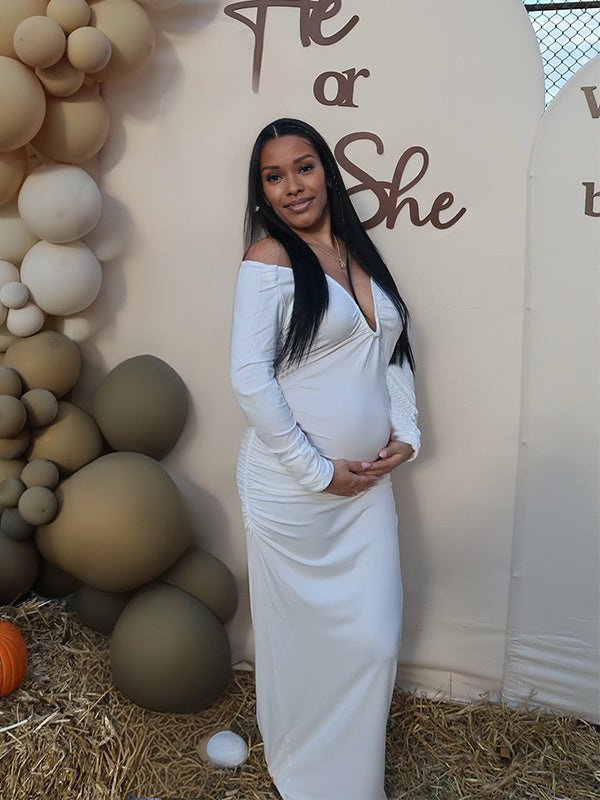 Momnfancy Plunging Neckline Ruched Boat Neck Bodycon Baby Shower Casual Maternity Maxi Dress