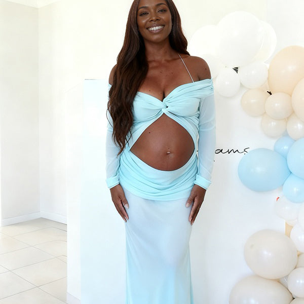 Momnfancy Boat Neck Cut-out Tulle Crop Sheer Baby Shower Maternity Maxi Dress
