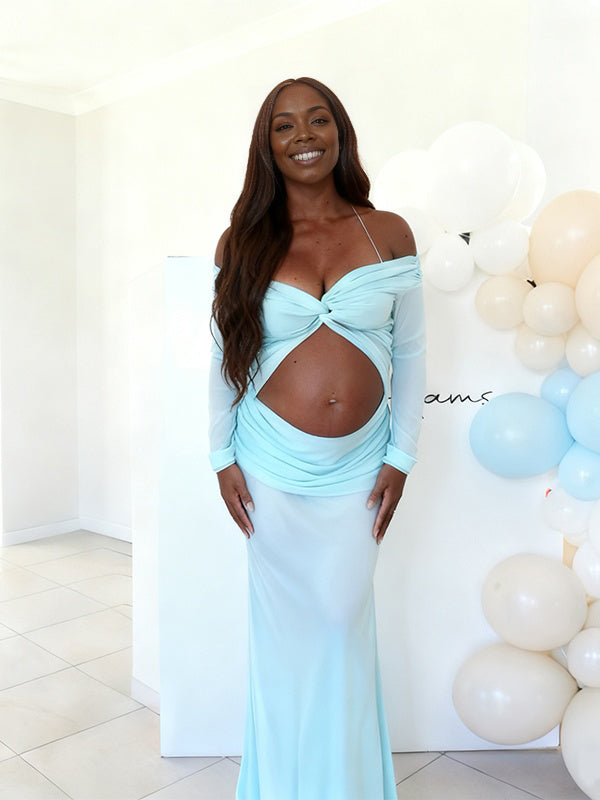 Momnfancy Boat Neck Cut-out Tulle Crop Sheer Baby Shower Maternity Maxi Dress
