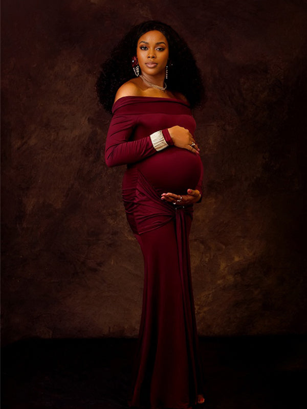 Momnfancy Boat Neck Ruched Ribbon Solid Color Photoshoot Maternity Maxi Dress