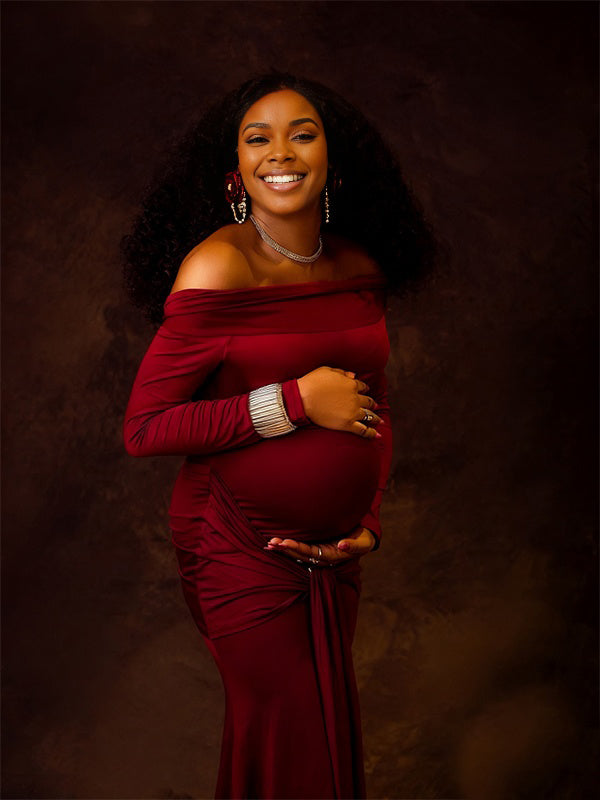 Momnfancy Boat Neck Ruched Ribbon Solid Color Photoshoot Maternity Maxi Dress