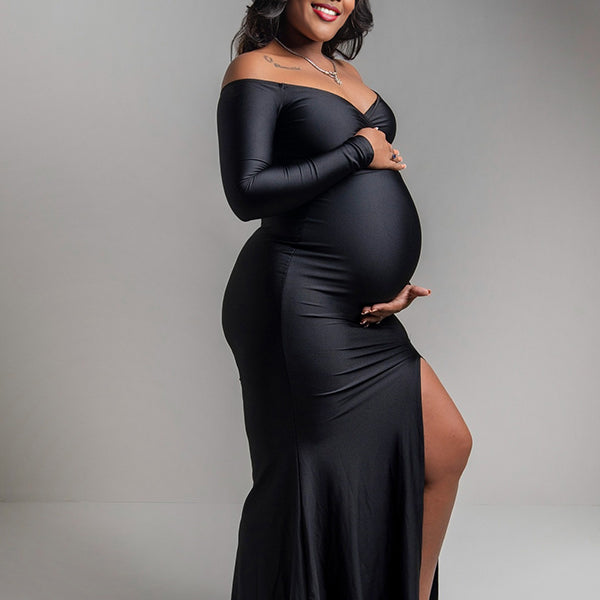 Momnfancy Boat Neck Off-shoulder Side Slit Bodycon Photoshoot Maternity Maxi Dress