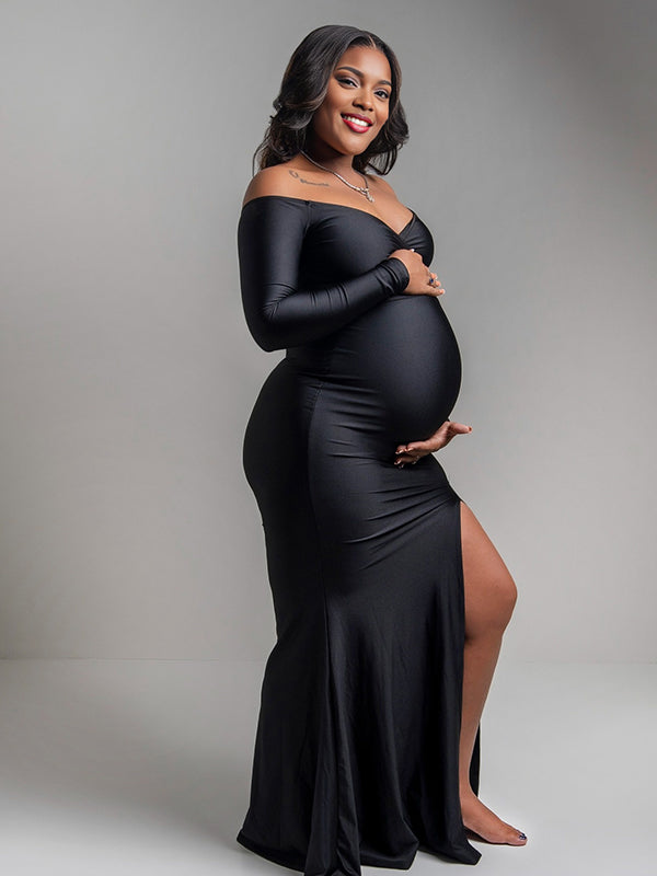 Momnfancy Boat Neck Off-shoulder Side Slit Bodycon Photoshoot Maternity Maxi Dress