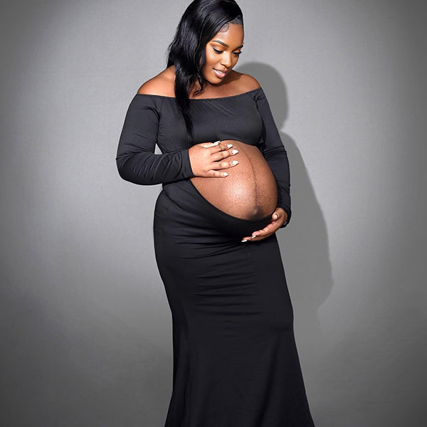 Momnfancy Boat Neck Off-shoulder Bodycon Trailing Crop Photoshoot Maternity Maxi Dress