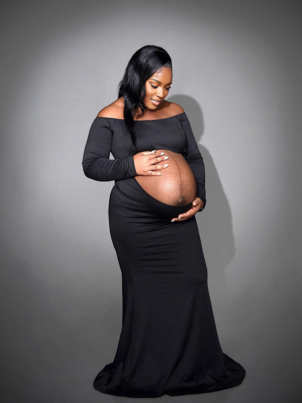 Momnfancy Boat Neck Off-shoulder Bodycon Trailing Crop Photoshoot Maternity Maxi Dress