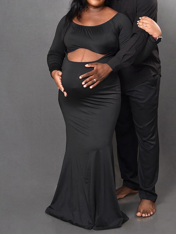 Momnfancy Boat Neck Off-shoulder Bodycon Trailing Crop Photoshoot Maternity Maxi Dress