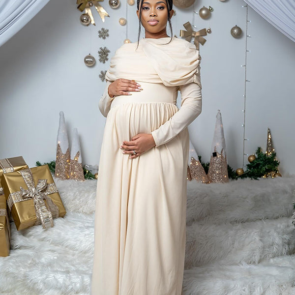 Momnfancy Knitted Ruched Big Swing Waist-cinching Photoshoot Christmas Maternity Maxi Dress