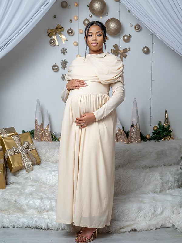 Momnfancy Knitted Ruched Big Swing Waist-cinching Photoshoot Christmas Maternity Maxi Dress