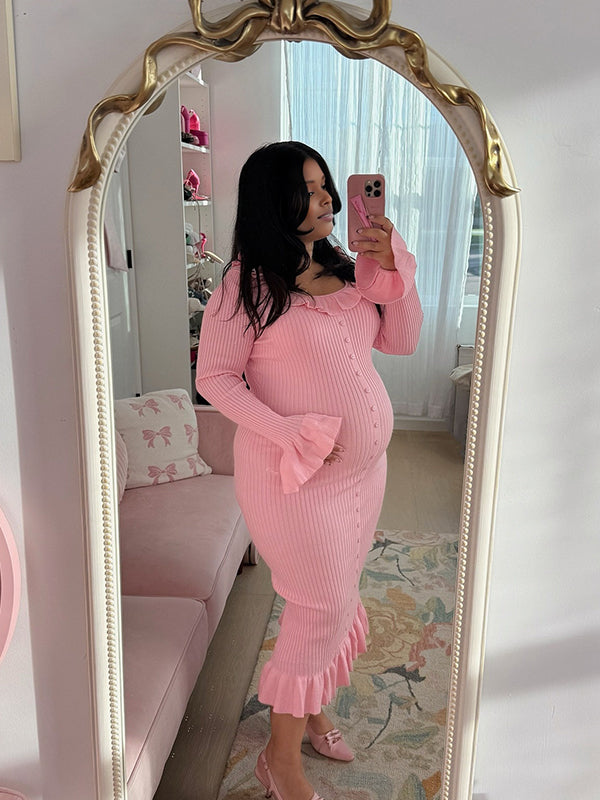 Momnfancy Mermaid Flare Sleeve Bodycon Knitted Photoshoot Everyday Maternity Maxi Dress