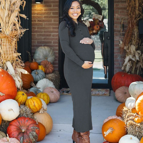 Momnfancy Striped Knitted Turndown Collar Bodycon Baby Shower Maternity Maxi Dress