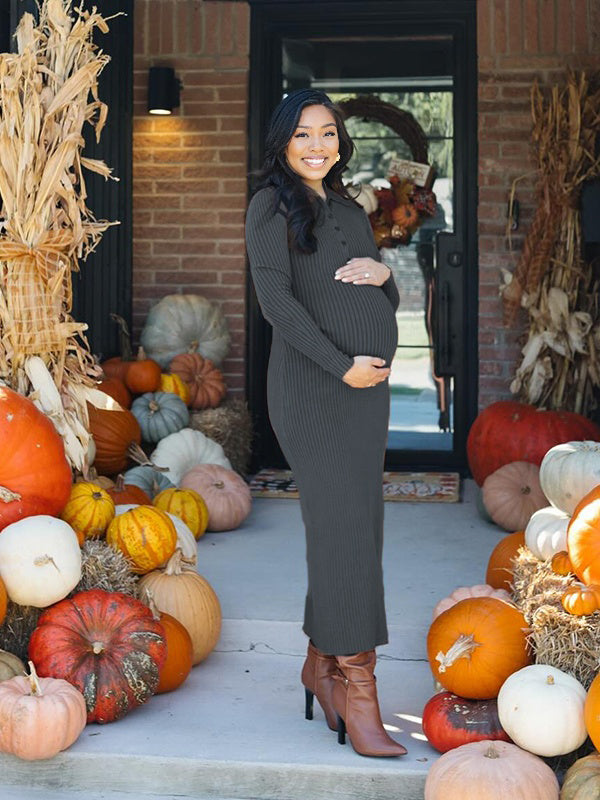 Momnfancy Striped Knitted Turndown Collar Bodycon Baby Shower Maternity Maxi Dress