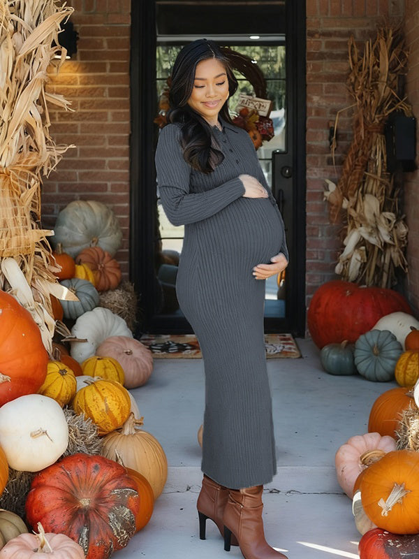 Momnfancy Striped Knitted Turndown Collar Bodycon Baby Shower Maternity Maxi Dress