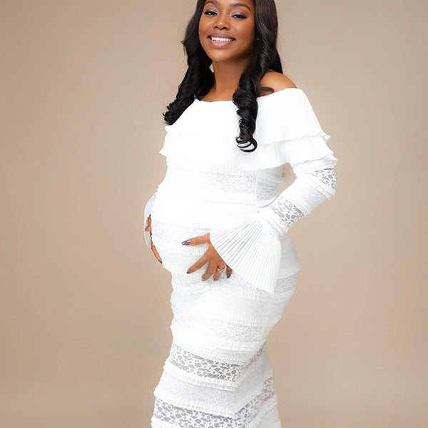 Momnfancy Boat Neck Splicing Bodycon Lace Flare Sleeve Photoshoot Maternity Maxi Dress