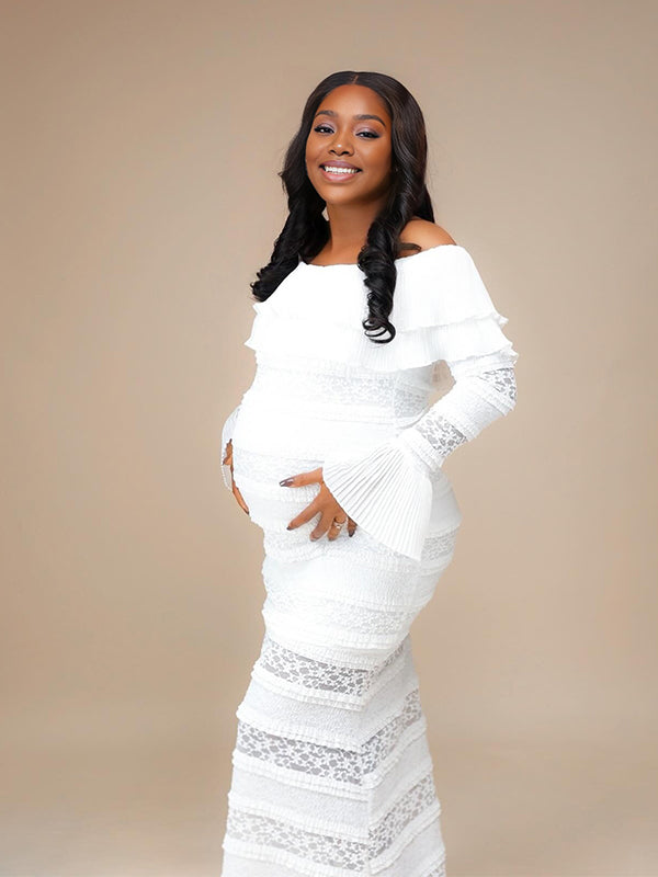 Momnfancy Boat Neck Splicing Bodycon Lace Flare Sleeve Photoshoot Maternity Maxi Dress