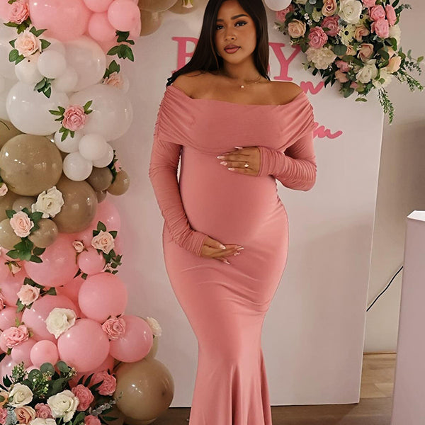 Momnfancy Boat Neck Mermaid Solid Color Bodycon Baby Shower Maternity Maxi Dress