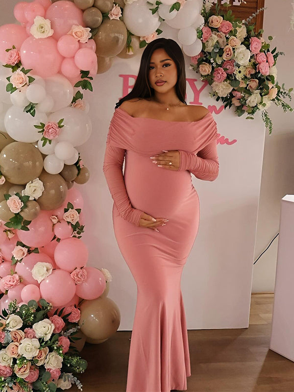Momnfancy Boat Neck Mermaid Solid Color Bodycon Baby Shower Maternity Maxi Dress