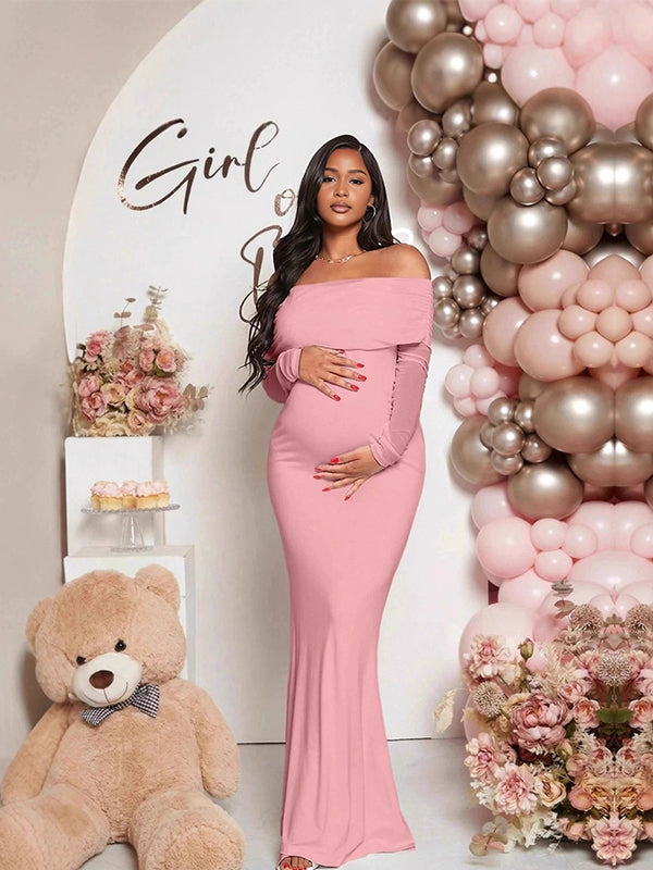 Momnfancy Boat Neck Mermaid Solid Color Bodycon Baby Shower Maternity Maxi Dress