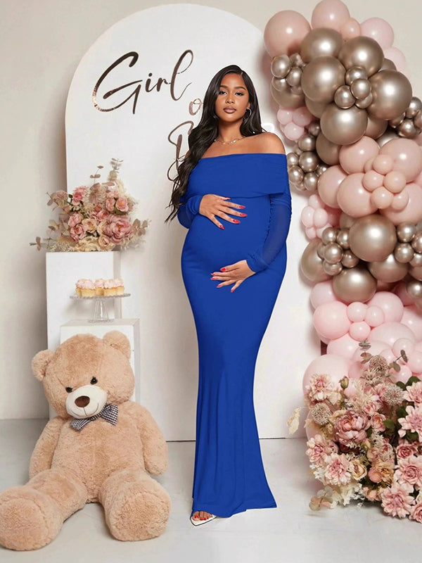 Momnfancy Boat Neck Mermaid Solid Color Bodycon Baby Shower Maternity Maxi Dress