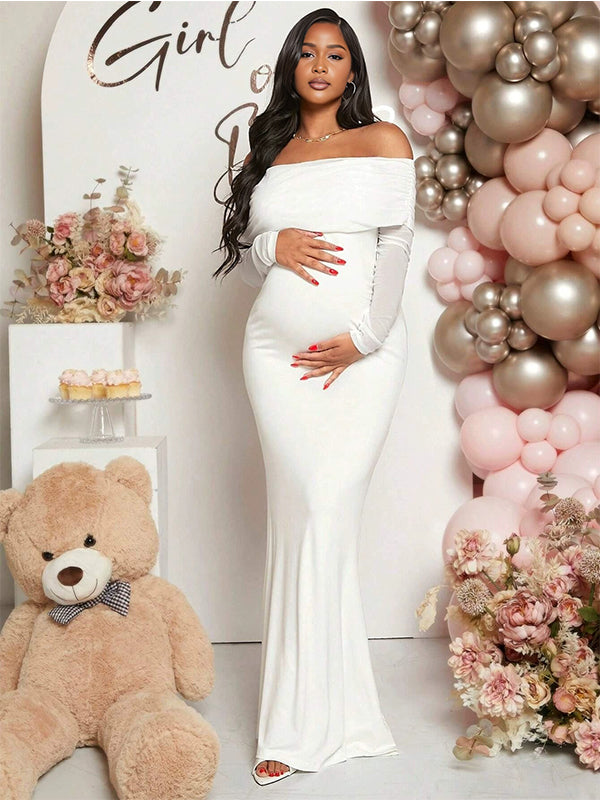 Momnfancy Boat Neck Mermaid Solid Color Bodycon Baby Shower Maternity Maxi Dress