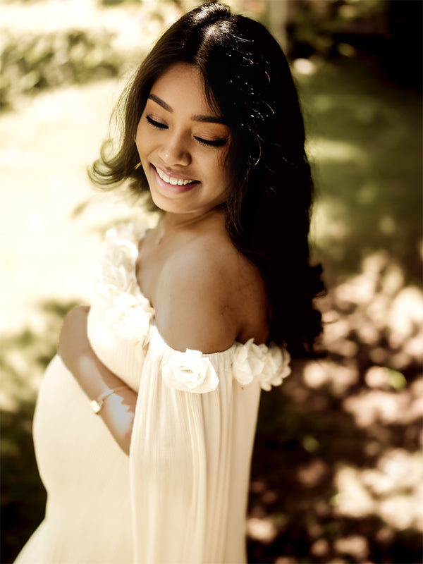 Momnfancy 3D-flowers Boat Neck Ruched Ribbon Photoshoot Maternity Maxi Dress