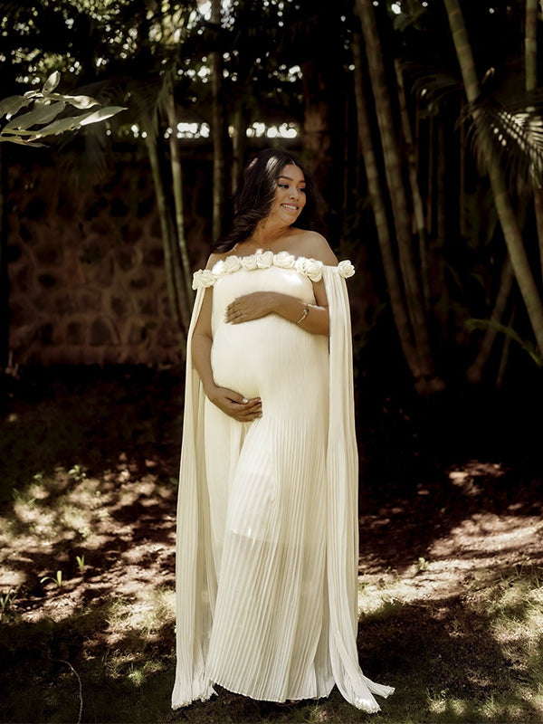 Momnfancy 3D-flowers Boat Neck Ruched Ribbon Photoshoot Maternity Maxi Dress