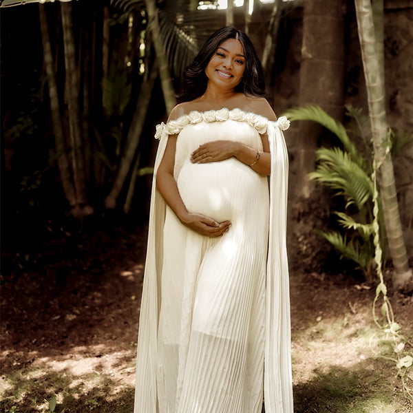 Momnfancy 3D-flowers Boat Neck Ruched Ribbon Photoshoot Maternity Maxi Dress