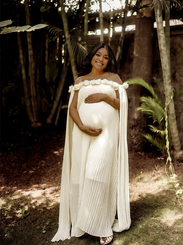 Momnfancy 3D-flowers Boat Neck Ruched Ribbon Photoshoot Maternity Maxi Dress