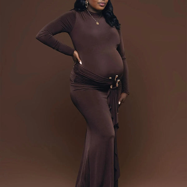 Momnfancy Brown Ruffle Draped Bodycon Long Sleeve Elegant Plus Size Photoshoot Maternity Maxi Dress