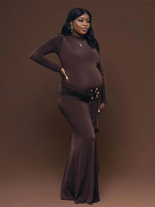 Momnfancy Brown Ruffle Draped Bodycon Long Sleeve Elegant Plus Size Photoshoot Maternity Maxi Dress