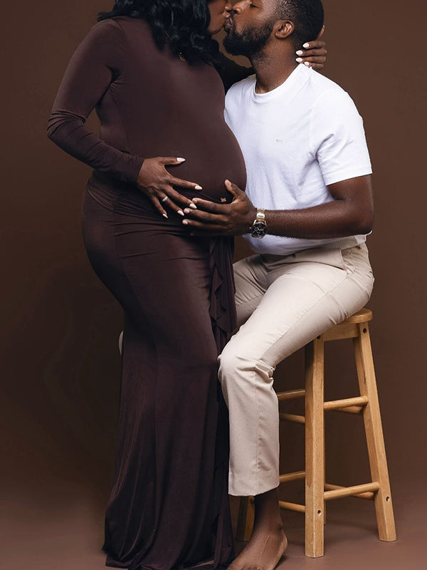 Momnfancy Brown Ruffle Draped Bodycon Long Sleeve Elegant Plus Size Photoshoot Maternity Maxi Dress
