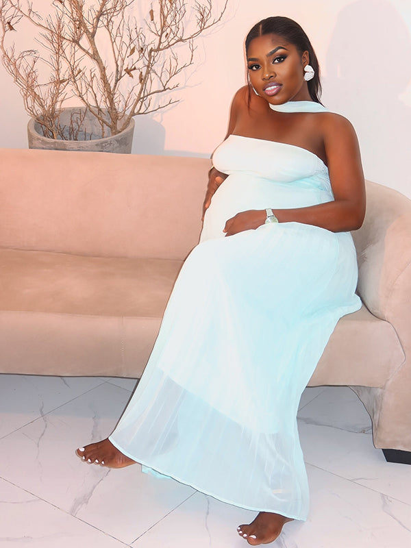 Momnfancy Pleated Bandeau Backless High Waist Elegant Photoshoot Maternity Maxi Dress