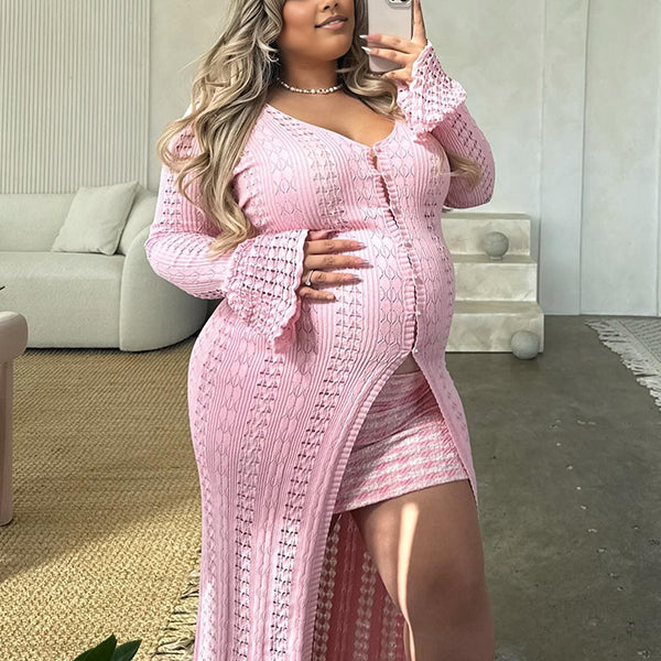 Momnfancy Pink Ruffle Knitwear Flare Sleeve V-Neck Long Sleeve  Maternity Sweater Cardigan Coat