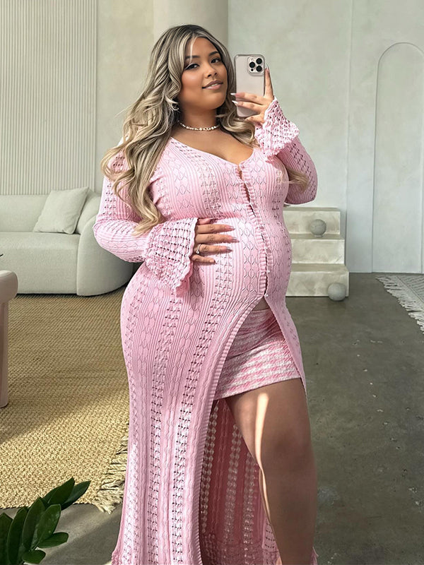 Momnfancy Pink Ruffle Knitwear Flare Sleeve V-Neck Long Sleeve  Maternity Sweater Cardigan Coat