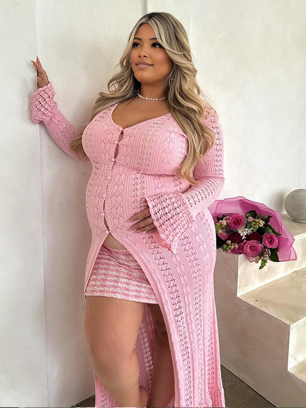 Momnfancy Pink Ruffle Knitwear Flare Sleeve V-Neck Long Sleeve  Maternity Sweater Cardigan Coat