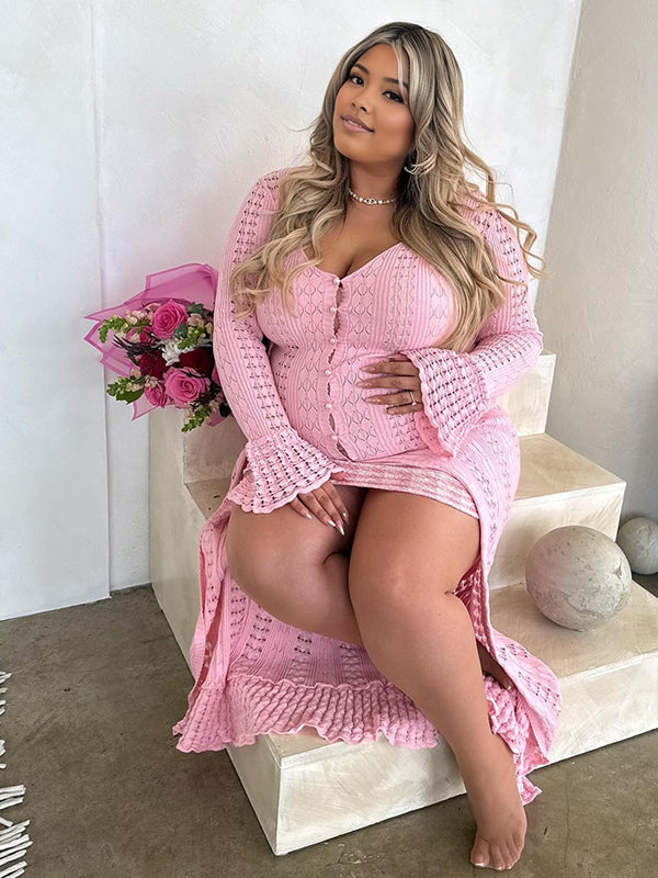 Momnfancy Pink Ruffle Knitwear Flare Sleeve V-Neck Long Sleeve  Maternity Sweater Cardigan Coat