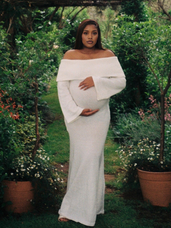 Momnfancy White Off Shoulder Knitting Flare Sleeve Bodycon Photoshoot Maternity Sweater Maxi Dress